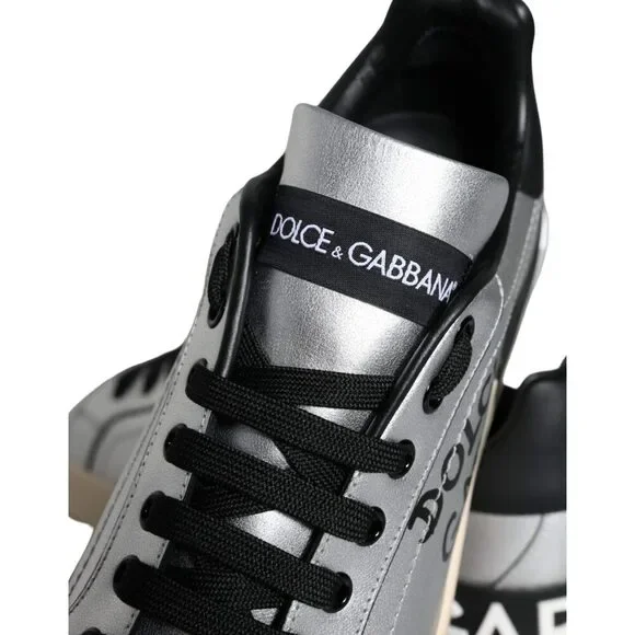 Dolce & Gabbana Silver Portofino Calf Leather Sneakers Shoes